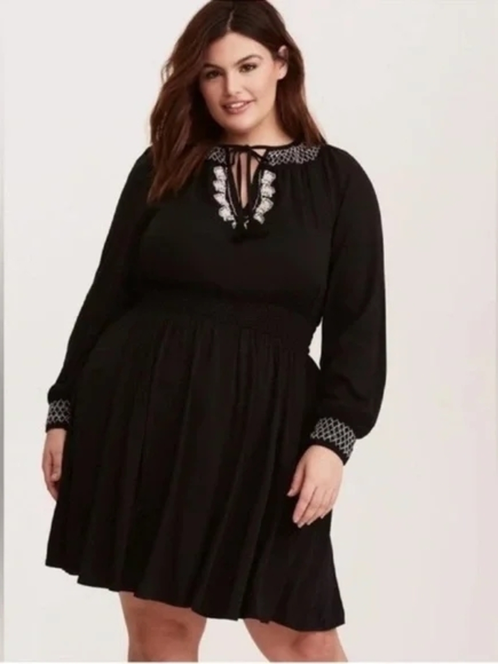 Modesty-Office Torrid Black Long-Sleeve Embroidered BOHO Tie-Front Dress SIZE 4x